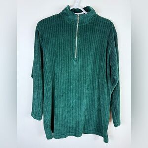 Vintage Y2K Womens Velour Velvet Tunic Blouse Green 1/4 Zip Festive Holiday